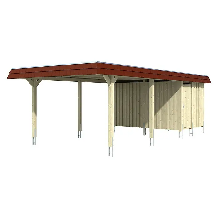 Skan Holz Carport Wendland - L x B: 870 x 409 cm, Einfahrtshöhe: 210 cm, Nussbaum/Rot, Materialspezifizierung Dach: EPDM-Folie - Diagonale Ansicht