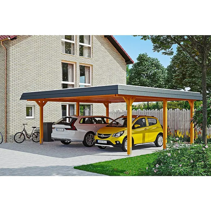Skan Holz Doppelcarport Wendland - L x B: 637 x 630 cm, Einfahrtshöhe: 216 cm, Eiche hell/Schwarz, Materialspezifizierung Dach: Aluminium - Anwendungsbeispiel