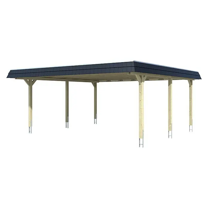Skan Holz Doppelcarport Wendland - L x B: 637 x 630 cm, Einfahrtshöhe: 216 cm, Weiß/Schwarz, Materialspezifizierung Dach: Aluminium - Diagonale Ansicht