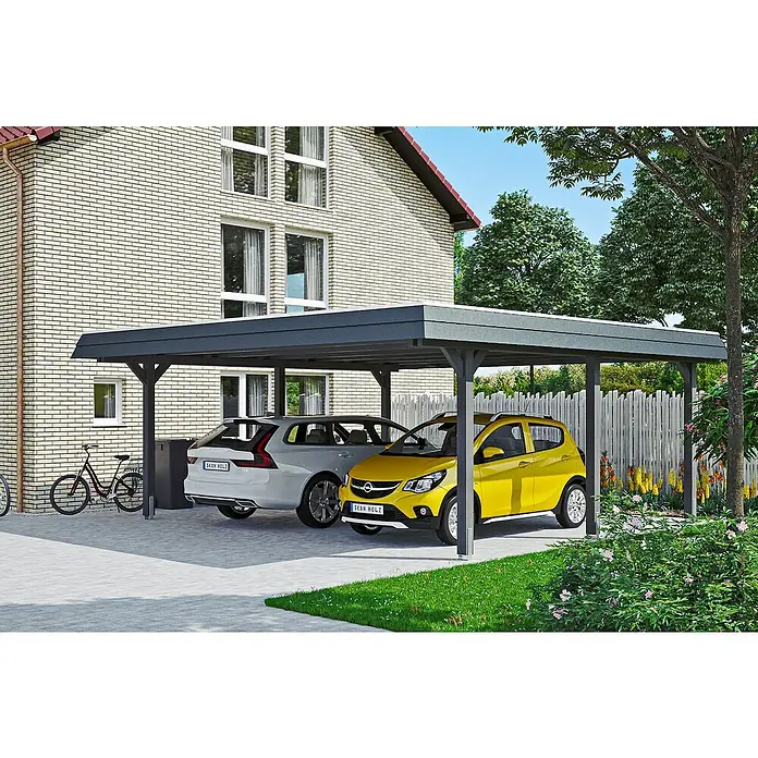 Skan Holz Doppelcarport Wendland - L x B: 637 x 630 cm, Einfahrtshöhe: 216 cm, Schiefergrau/Schwarz, Materialspezifizierung Dach: Aluminium - Anwendungsbeispiel