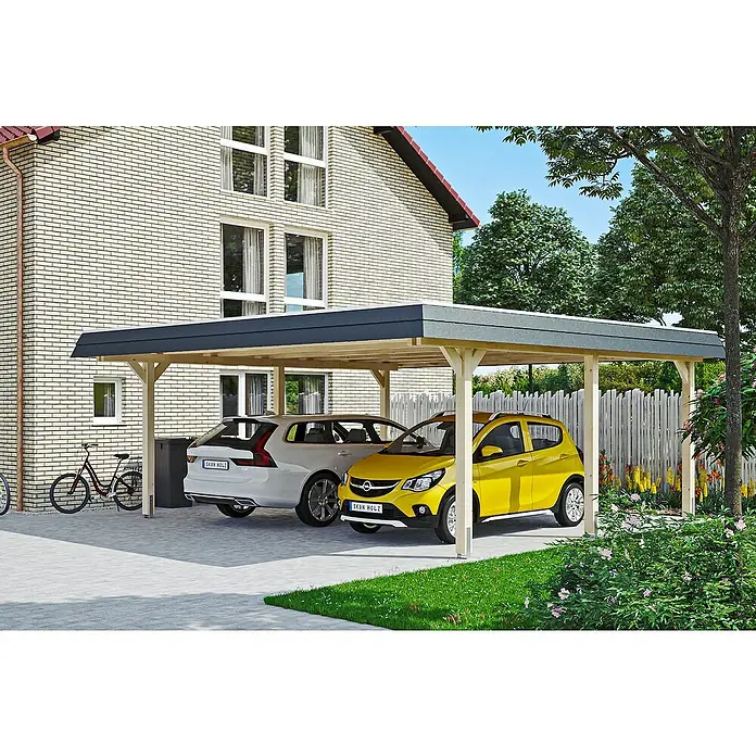 Skan Holz Doppelcarport Wendland - L x B: 637 x 630 cm, Einfahrtshöhe: 216 cm, Natur/Schwarz, Materialspezifizierung Dach: Aluminium - Anwendungsbeispiel