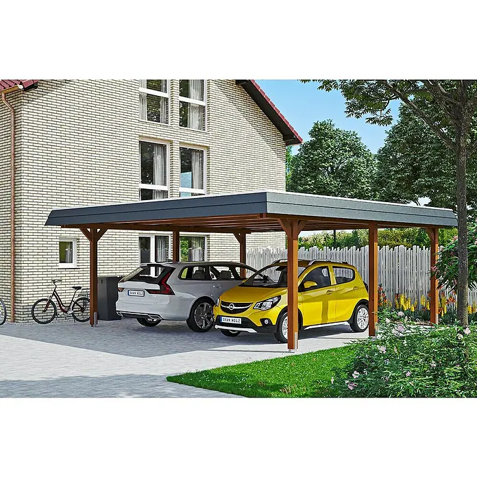 Skan Holz Doppelcarport Wendland - L x B: 637 x 630 cm, Einfahrtshöhe: 216 cm, Nussbaum/Schwarz, Materialspezifizierung Dach: Aluminium - Anwendungsbeispiel