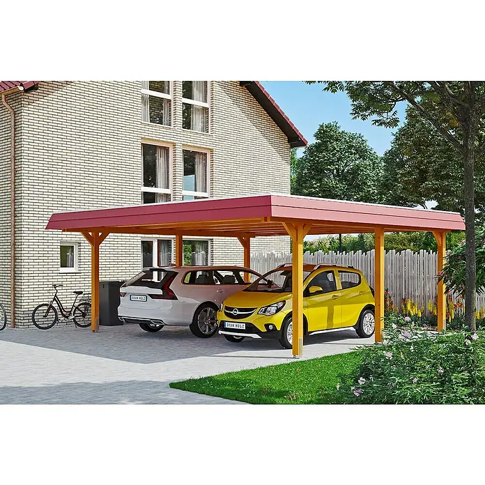 Skan Holz Doppelcarport Wendland - L x B: 637 x 630 cm, Einfahrtshöhe: 216 cm, Eiche hell/Rot, Materialspezifizierung Dach: Aluminium - Anwendungsbeispiel