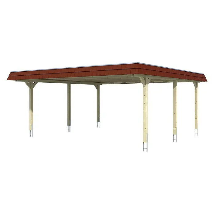 Skan Holz Doppelcarport Wendland - L x B: 637 x 630 cm, Einfahrtshöhe: 216 cm, Nussbaum/Rot, Materialspezifizierung Dach: EPDM-Folie - Diagonale Ansicht