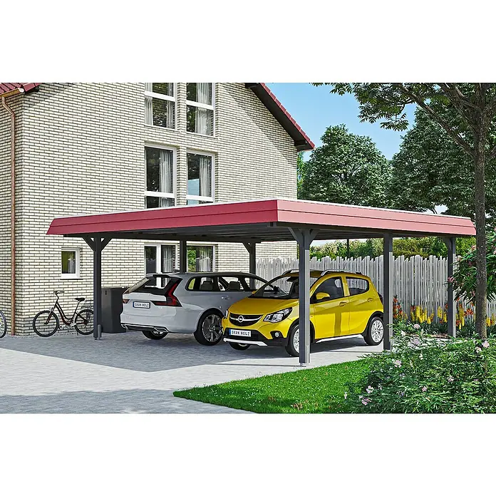 Skan Holz Doppelcarport Wendland - L x B: 637 x 630 cm, Einfahrtshöhe: 216 cm, Schiefergrau/Rot, Materialspezifizierung Dach: Aluminium - Anwendungsbeispiel