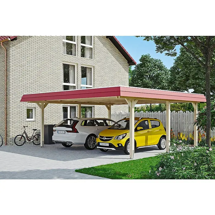 Skan Holz Doppelcarport Wendland - L x B: 637 x 630 cm, Einfahrtshöhe: 216 cm, Natur/Rot, Materialspezifizierung Dach: Aluminium - Anwendungsbeispiel