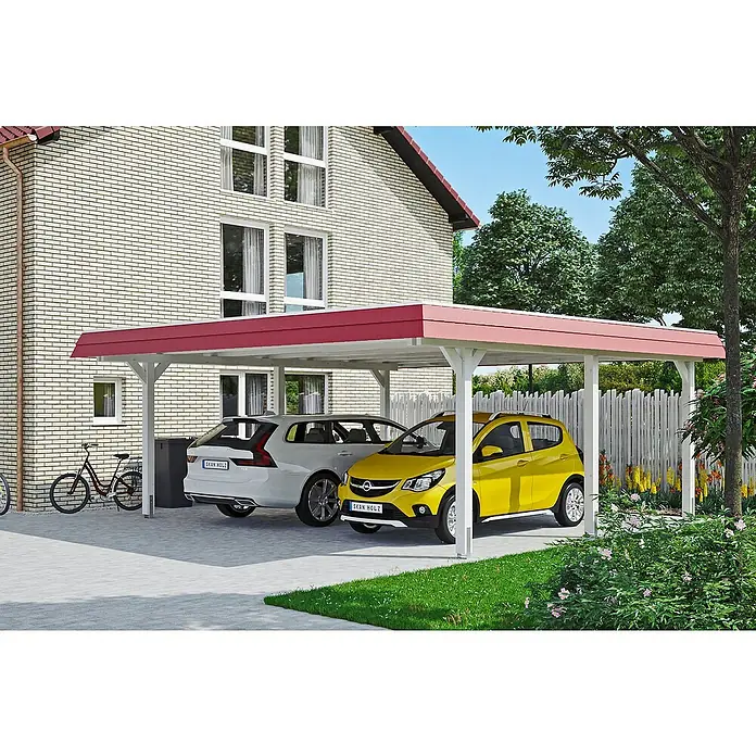 Skan Holz Doppelcarport Wendland - L x B: 637 x 630 cm, Einfahrtshöhe: 216 cm, Weiß/Rot, Materialspezifizierung Dach: Aluminium - Anwendungsbeispiel