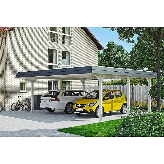 Skan Holz Doppelcarport Wendland - L x B: 637 x 630 cm, Einfahrtshöhe: 216 cm, Weiß/Schwarz, Materialspezifizierung Dach: Aluminium - Anwendungsbeispiel