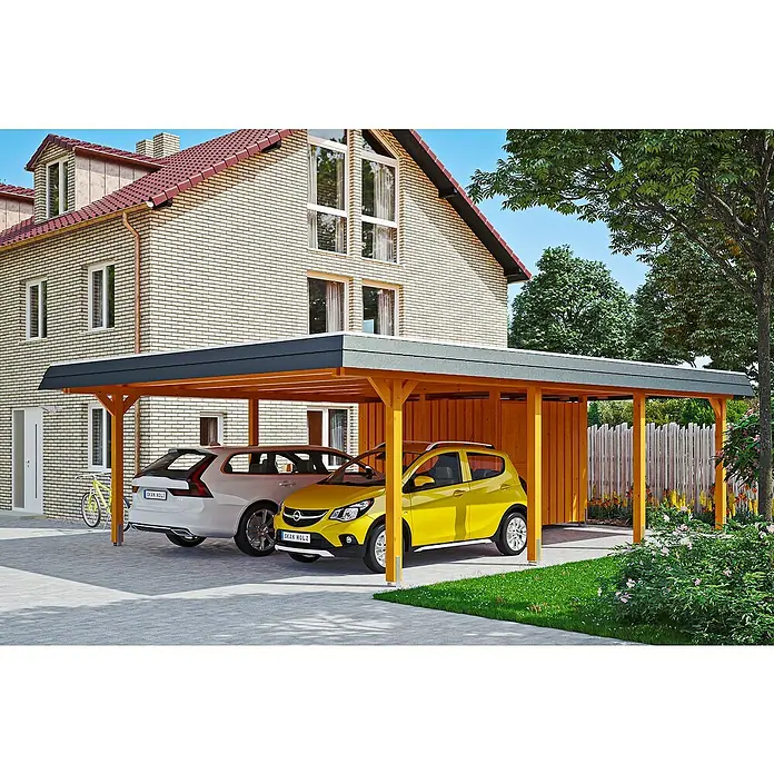Skan Holz Doppelcarport Wendland - L x B: 879 x 630 cm, Einfahrtshöhe: 216 cm, Eiche hell/Schwarz, Materialspezifizierung Dach: Aluminium, Mit Abstellraum - Anwendungsbeispiel