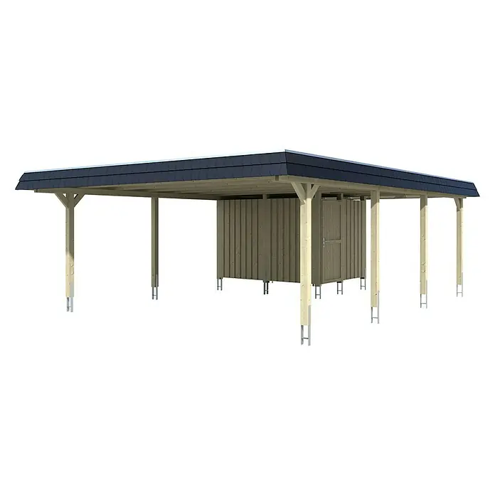 Skan Holz Doppelcarport Wendland - L x B: 879 x 630 cm, Einfahrtshöhe: 216 cm, Eiche hell/Schwarz, Materialspezifizierung Dach: Aluminium, Mit Abstellraum - Diagonale Ansicht