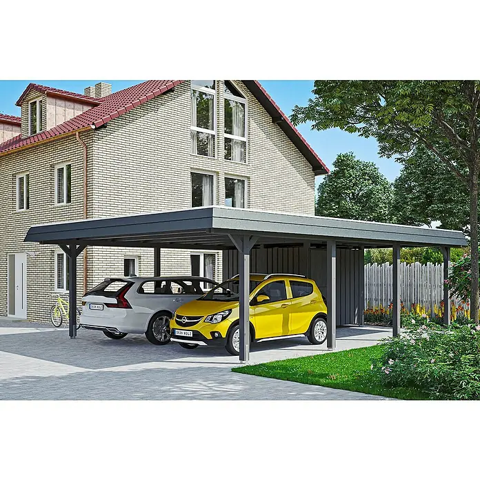Skan Holz Doppelcarport Wendland - L x B: 879 x 630 cm, Einfahrtshöhe: 216 cm, Schiefergrau/Schwarz, Materialspezifizierung Dach: Aluminium, Mit Abstellraum - Anwendungsbeispiel