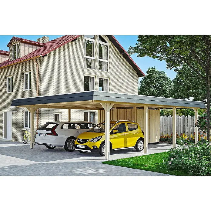 Skan Holz Doppelcarport Wendland - L x B: 879 x 630 cm, Einfahrtshöhe: 216 cm, Natur/Schwarz, Materialspezifizierung Dach: Aluminium, Mit Abstellraum - Anwendungsbeispiel