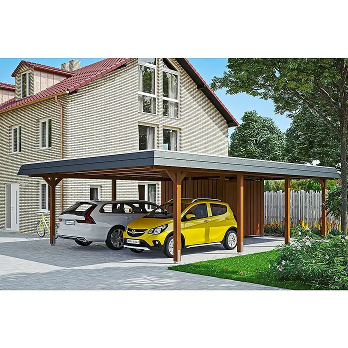 Skan Holz Doppelcarport Wendland - L x B: 879 x 630 cm, Einfahrtshöhe: 216 cm, Nussbaum/Schwarz, Materialspezifizierung Dach: Aluminium, Mit Abstellraum - Anwendungsbeispiel