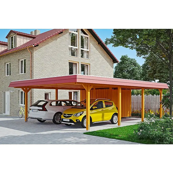 Skan Holz Doppelcarport Wendland - L x B: 879 x 630 cm, Einfahrtshöhe: 216 cm, Eiche hell/Rot, Materialspezifizierung Dach: Aluminium, Mit Abstellraum - Anwendungsbeispiel