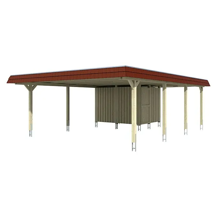 Skan Holz Doppelcarport Wendland - L x B: 879 x 630 cm, Einfahrtshöhe: 216 cm, Nussbaum/Rot, Materialspezifizierung Dach: Aluminium, Mit Abstellraum - Diagonale Ansicht
