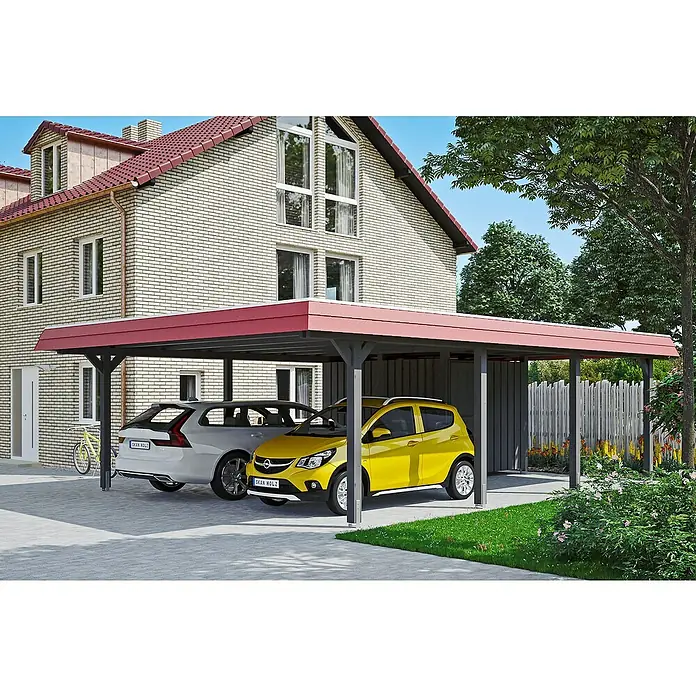 Skan Holz Doppelcarport Wendland - L x B: 879 x 630 cm, Einfahrtshöhe: 216 cm, Materialspezifizierung Dach: Aluminium, Mit Abstellraum - Anwendungsbeispiel