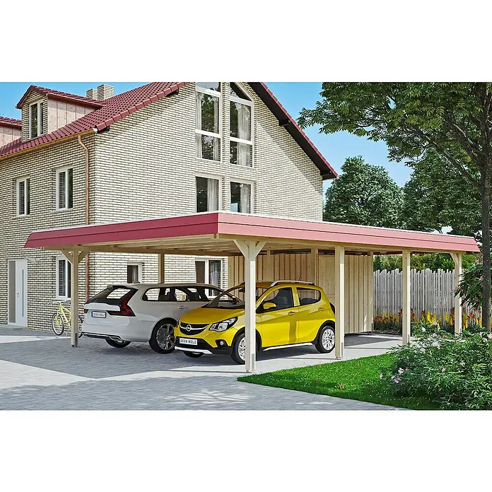 Skan Holz Doppelcarport Wendland - L x B: 879 x 630 cm, Einfahrtshöhe: 216 cm, Natur/Rot, Materialspezifizierung Dach: Aluminium, Mit Abstellraum - Anwendungsbeispiel