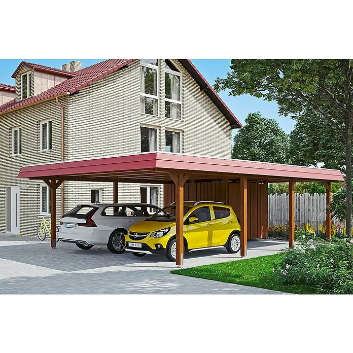 Skan Holz Doppelcarport Wendland - L x B: 879 x 630 cm, Einfahrtshöhe: 216 cm, Nussbaum/Rot, Materialspezifizierung Dach: Aluminium, Mit Abstellraum - Anwendungsbeispiel