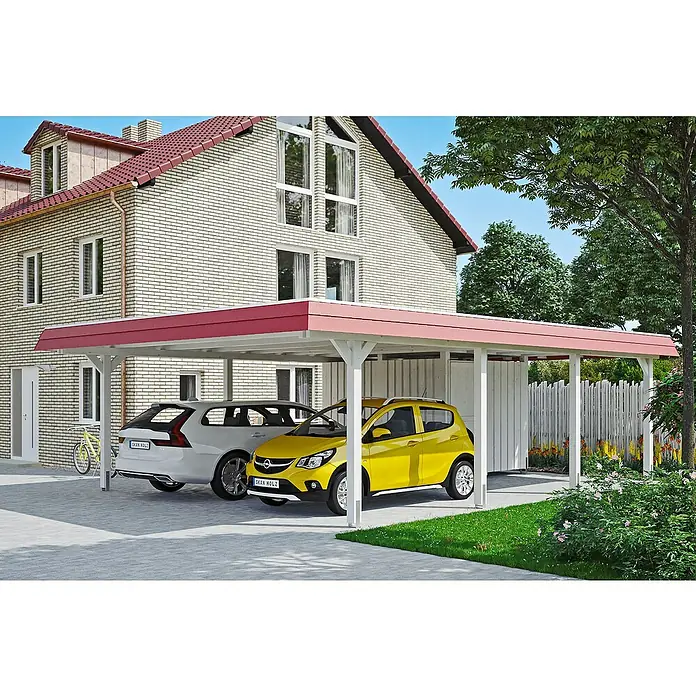 Skan Holz Doppelcarport Wendland - L x B: 879 x 630 cm, Einfahrtshöhe: 216 cm, Weiß/Rot, Materialspezifizierung Dach: Aluminium, Mit Abstellraum - Anwendungsbeispiel