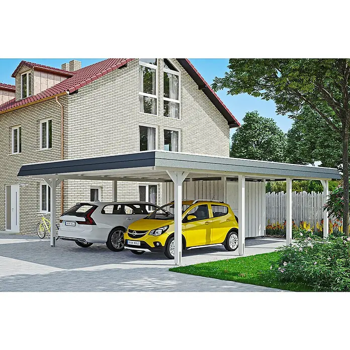 Skan Holz Doppelcarport Wendland - L x B: 879 x 630 cm, Einfahrtshöhe: 216 cm, Weiß/Schwarz, Materialspezifizierung Dach: Aluminium, Mit Abstellraum - Anwendungsbeispiel
