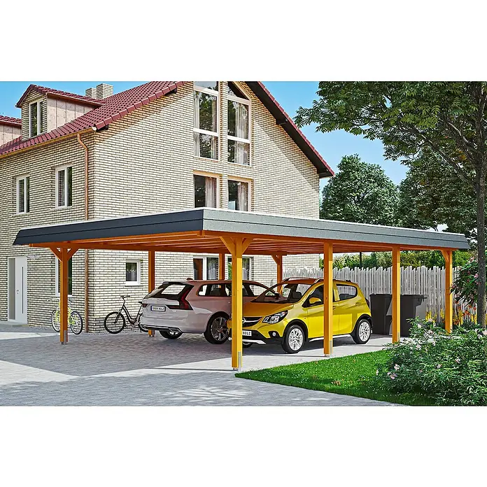 Skan Holz Doppelcarport Wendland - L x B: 879 x 630 cm, Einfahrtshöhe: 216 cm, Eiche hell/Schwarz, Materialspezifizierung Dach: EPDM-Folie - Anwendungsbeispiel