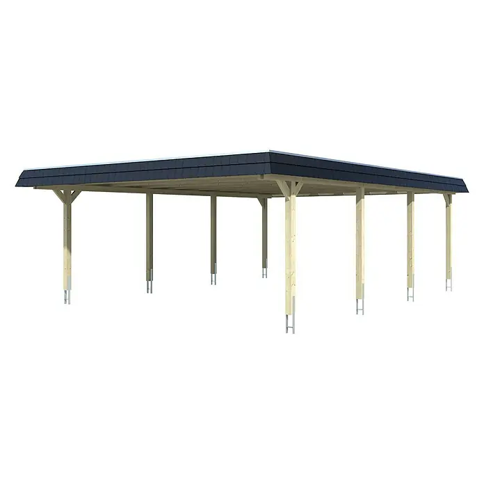 Skan Holz Doppelcarport Wendland - L x B: 879 x 630 cm, Einfahrtshöhe: 216 cm, Nussbaum/Schwarz, Materialspezifizierung Dach: EPDM-Folie - Diagonale Ansicht