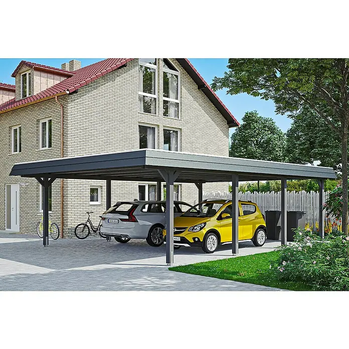 Skan Holz Doppelcarport Wendland - L x B: 879 x 630 cm, Einfahrtshöhe: 216 cm, Schiefergrau/Schwarz, Materialspezifizierung Dach: EPDM-Folie - Anwendungsbeispiel