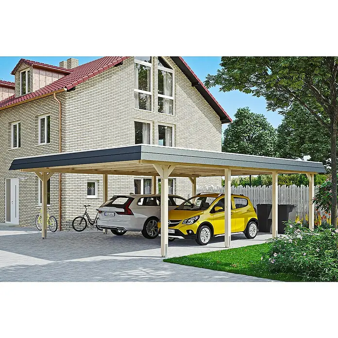Skan Holz Doppelcarport Wendland - L x B: 879 x 630 cm, Einfahrtshöhe: 216 cm, Natur/Schwarz, Materialspezifizierung Dach: Aluminium - Anwendungsbeispiel