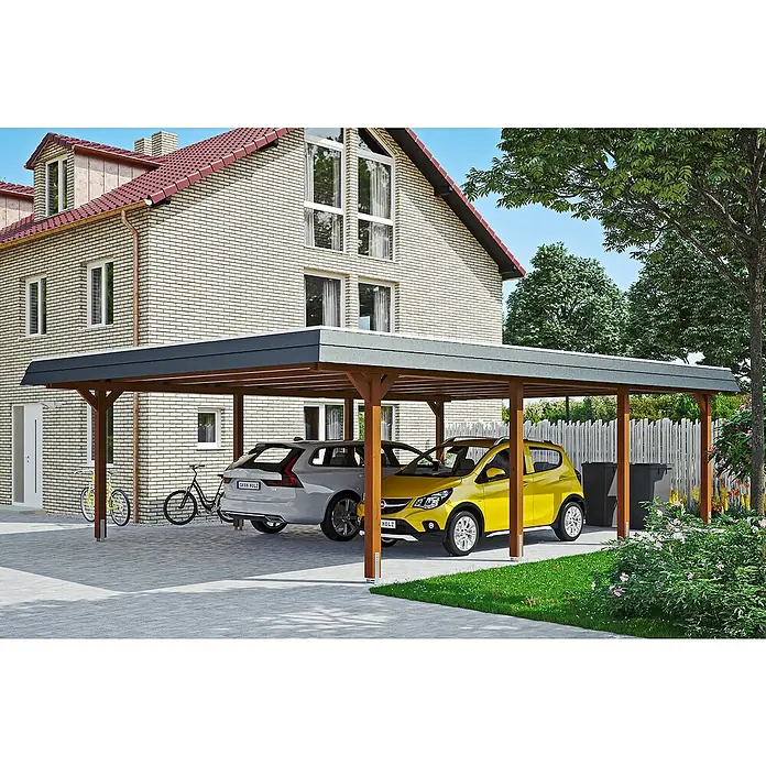 Skan Holz Doppelcarport Wendland - L x B: 879 x 630 cm, Einfahrtshöhe: 216 cm, Nussbaum/Schwarz, Materialspezifizierung Dach: EPDM-Folie - Anwendungsbeispiel