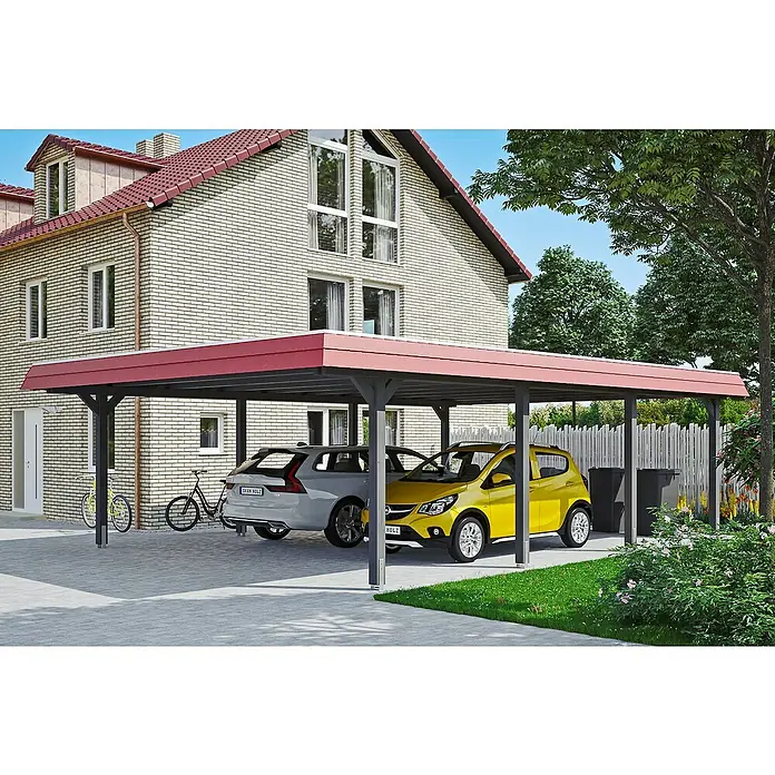 Skan Holz Doppelcarport Wendland - L x B: 879 x 630 cm, Einfahrtshöhe: 216 cm, Schiefergrau/Rot, Materialspezifizierung Dach: EPDM-Folie - Anwendungsbeispiel
