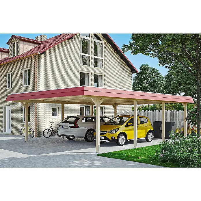 Skan Holz Doppelcarport Wendland - L x B: 879 x 630 cm, Einfahrtshöhe: 216 cm, Natur/Rot, Materialspezifizierung Dach: EPDM-Folie - Anwendungsbeispiel