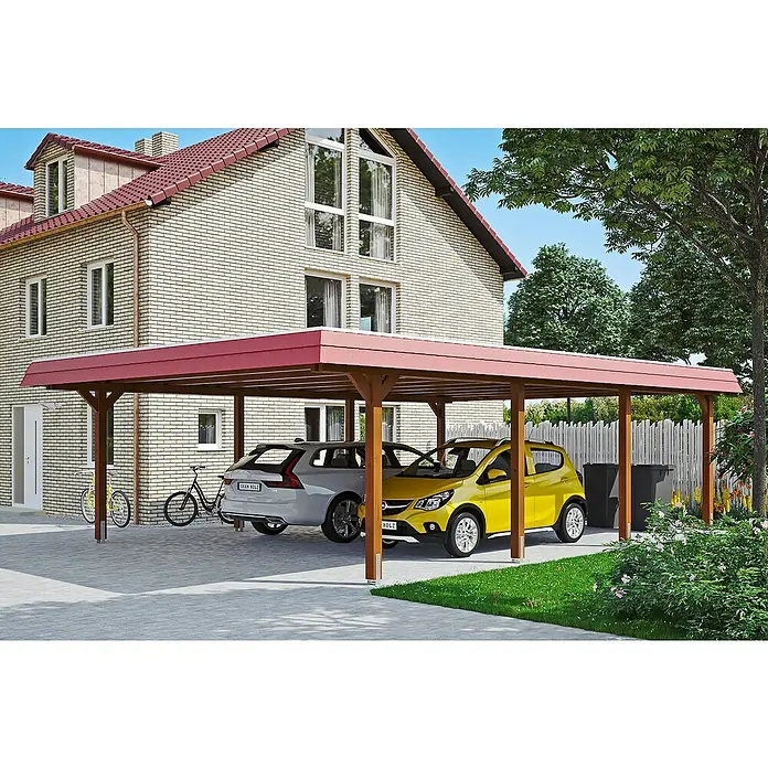 Skan Holz Doppelcarport Wendland - L x B: 879 x 630 cm, Einfahrtshöhe: 216 cm, Nussbaum/Rot, Materialspezifizierung Dach: EPDM-Folie - Anwendungsbeispiel