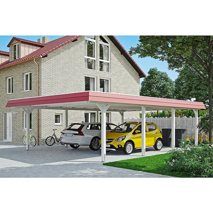 Skan Holz Doppelcarport Wendland - L x B: 879 x 630 cm, Einfahrtshöhe: 216 cm, Weiß/Rot, Materialspezifizierung Dach: EPDM-Folie - Anwendungsbeispiel
