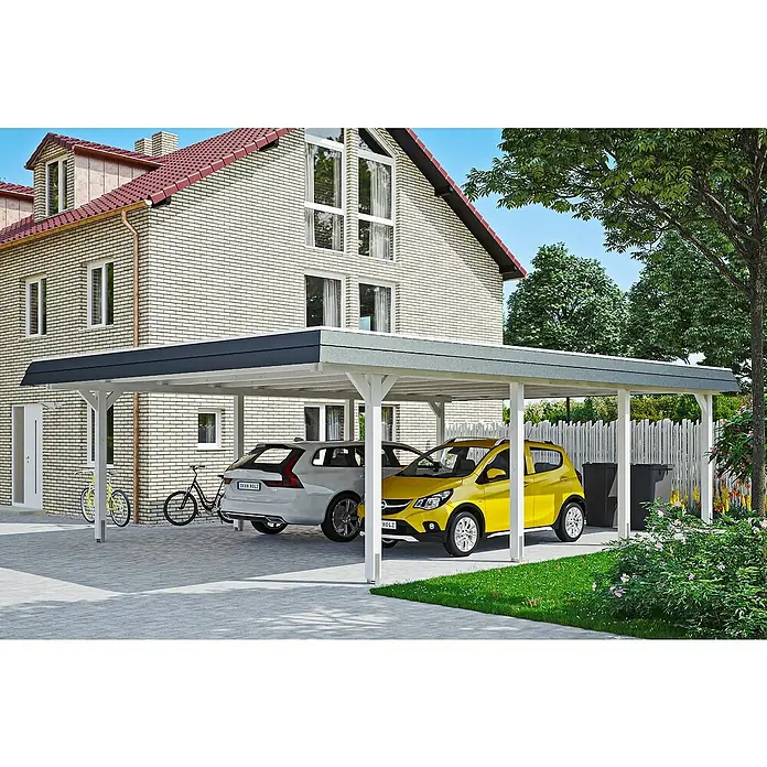 Skan Holz Doppelcarport Wendland - L x B: 879 x 630 cm, Einfahrtshöhe: 216 cm, Weiß/Schwarz, Materialspezifizierung Dach: EPDM-Folie - Anwendungsbeispiel
