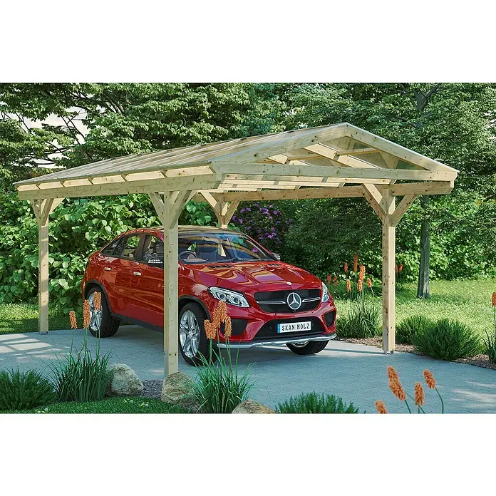 Skan Holz Carport Westerwald - L x B: 541 x 362 cm, Einfahrtshöhe: 220 cm, Natur - Anwendungsbeispiel