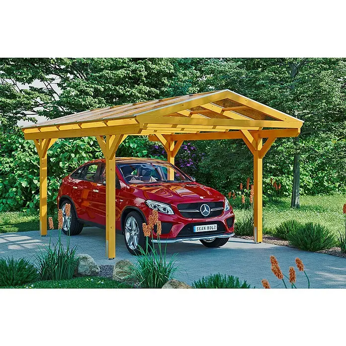 Skan Holz Carport Westerwald - L x B: 541 x 362 cm, Einfahrtshöhe: 220 cm, Eiche Hell - Anwendungsbeispiel