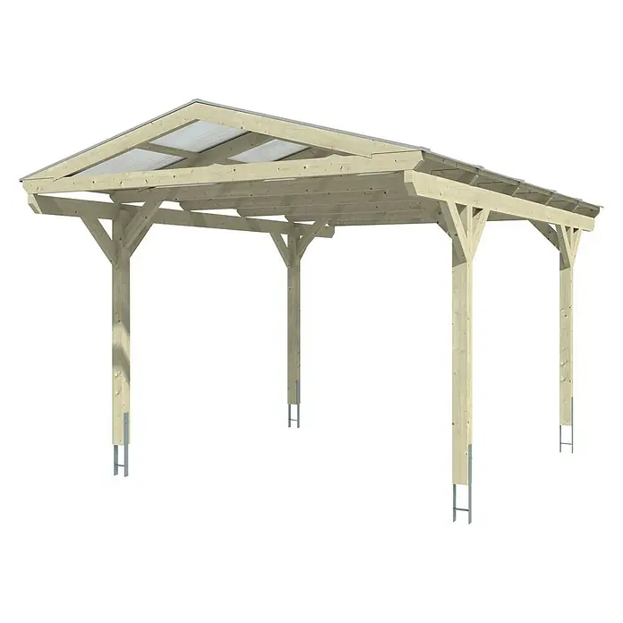 Skan Holz Carport Westerwald - L x B: 541 x 362 cm, Einfahrtshöhe: 220 cm, Natur - Diagonale Ansicht