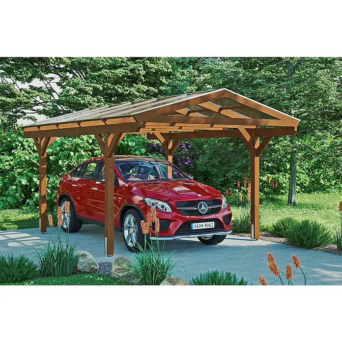 Skan Holz Carport Westerwald - L x B: 541 x 362 cm, Einfahrtshöhe: 220 cm, Nussbaum - Anwendungsbeispiel