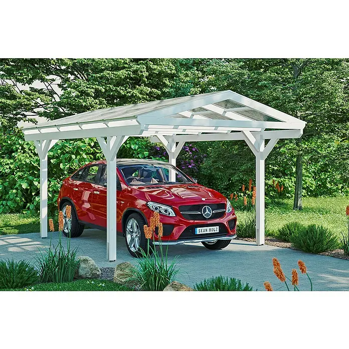 Skan Holz Carport Westerwald - L x B: 541 x 362 cm, Einfahrtshöhe: 220 cm, Weiß - Anwendungsbeispiel