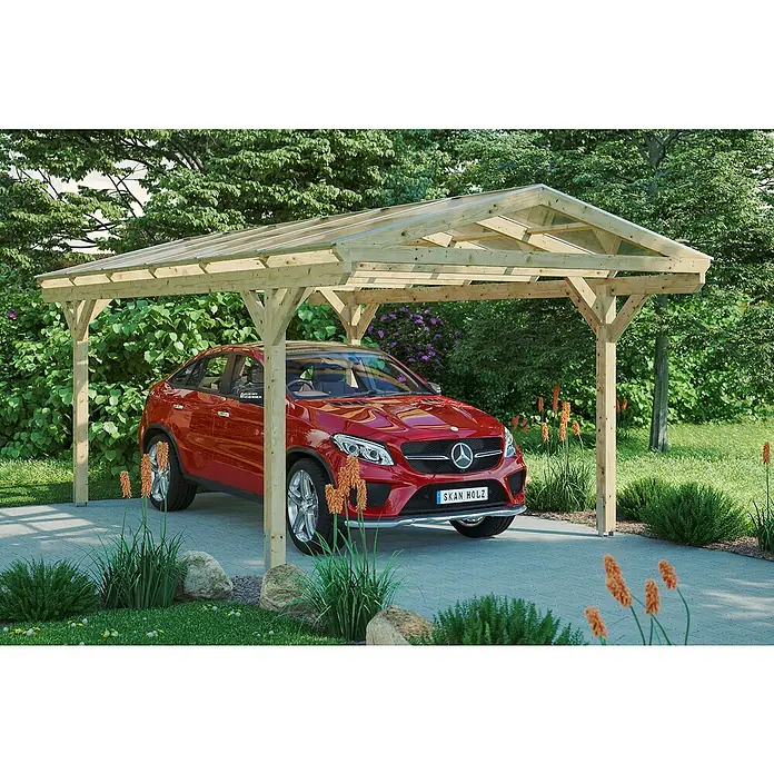 Skan Holz Carport Westerwald - L x B: 648 x 362 cm, Einfahrtshöhe: 220 cm, Natur - Anwendungsbeispiel
