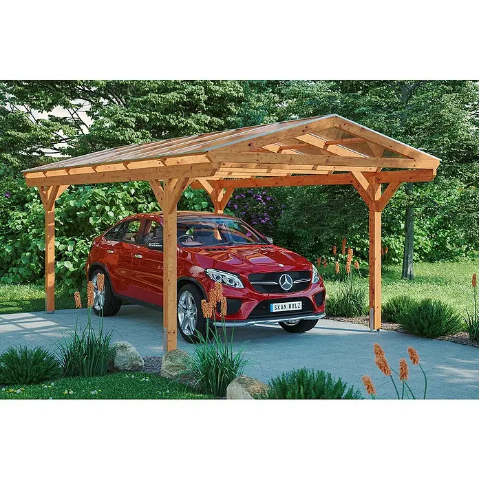 Skan Holz Carport Westerwald - L x B: 648 x 362 cm, Einfahrtshöhe: 220 cm, Eiche Hell - Anwendungsbeispiel