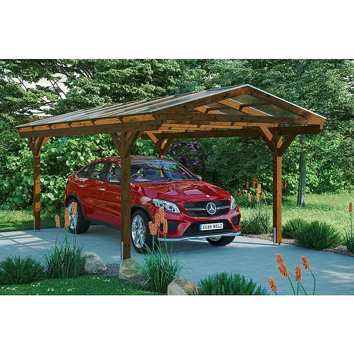 Skan Holz Carport Westerwald - L x B: 648 x 362 cm, Einfahrtshöhe: 220 cm, Nussbaum - Anwendungsbeispiel