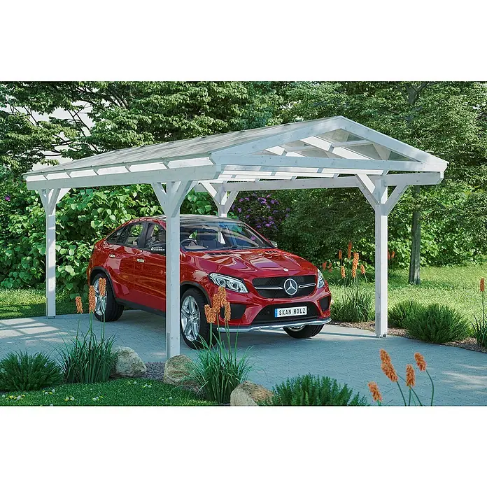 Skan Holz Carport Westerwald - L x B: 648 x 362 cm, Einfahrtshöhe: 220 cm, Weiß - Anwendungsbeispiel