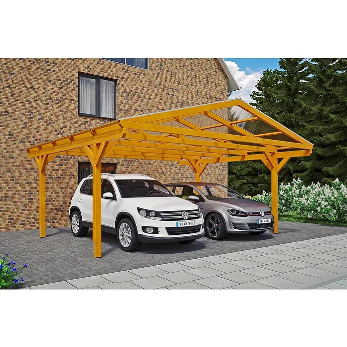 Skan Holz Doppelcarport Westerwald - L x B: 541 x 570 cm, Einfahrtshöhe: 220 cm, Eiche Hell - Anwendungsbeispiel