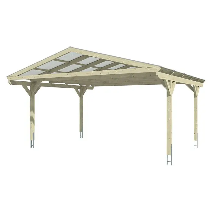 Skan Holz Doppelcarport Westerwald - L x B: 541 x 570 cm, Einfahrtshöhe: 220 cm, Eiche Hell - Diagonale Ansicht