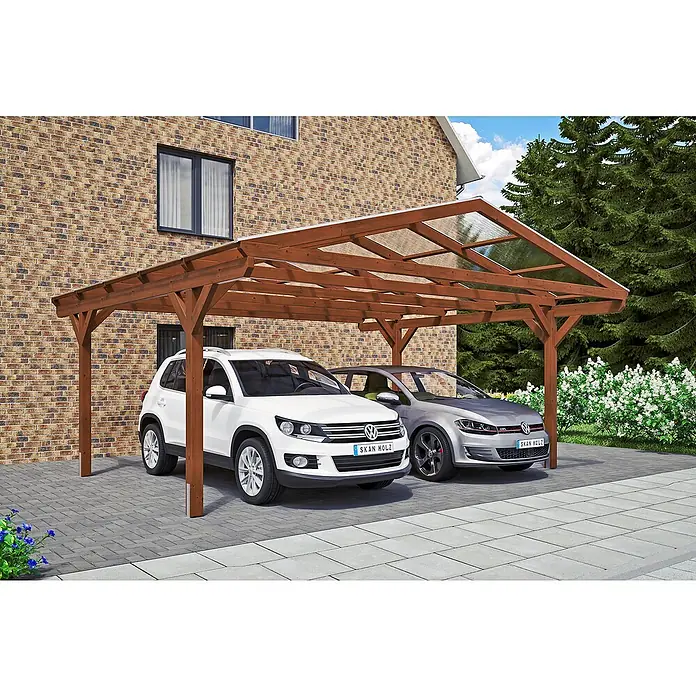 Skan Holz Doppelcarport Westerwald - L x B: 541 x 570 cm, Einfahrtshöhe: 220 cm, Nussbaum - Anwendungsbeispiel