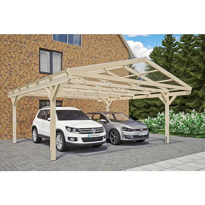 Skan Holz Doppelcarport Westerwald - L x B: 648 x 570 cm, Einfahrtshöhe: 220 cm, Natur - Anwendungsbeispiel