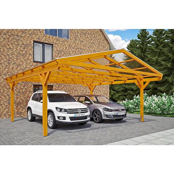 Skan Holz Doppelcarport Westerwald - L x B: 648 x 570 cm, Einfahrtshöhe: 220 cm, Eiche Hell - Anwendungsbeispiel