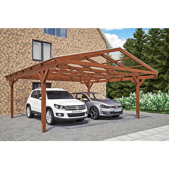 Skan Holz Doppelcarport Westerwald - L x B: 648 x 570 cm, Einfahrtshöhe: 220 cm, Nussbaum - Anwendungsbeispiel