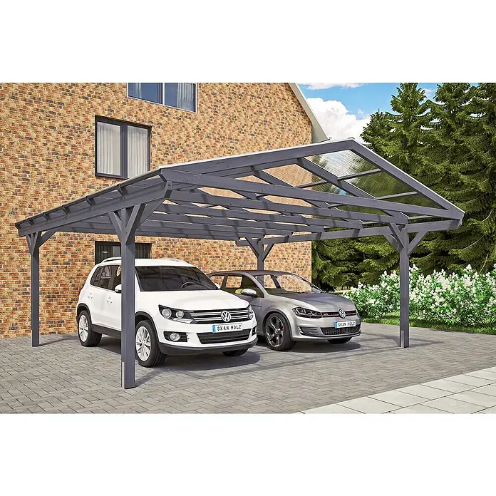Skan Holz Doppelcarport Westerwald - L x B: 648 x 570 cm, Einfahrtshöhe: 220 cm, Schiefergrau - Anwendungsbeispiel